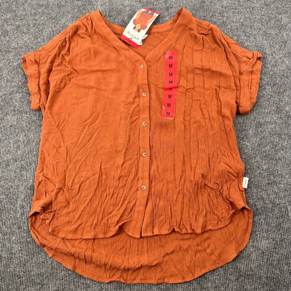 Orvis Button Down Women Medium Gauzey V-Neck Short Sleeve Rust Modern Casual